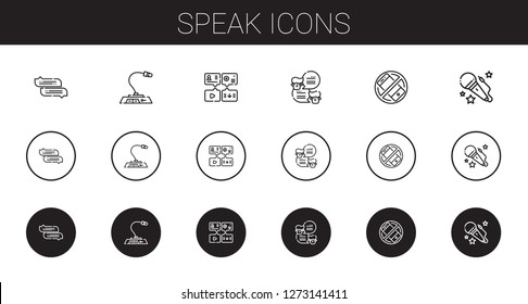 speak icons set. Collection of speak with chat, microphone, message, silent, voice. Editable and scalable speak icons.
