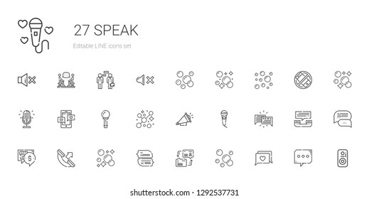 speak icons set. Collection of speak with chat, bubbles, dialogue, phone call, microphone, loudspeaker, bubble, speaker, silent, mute, conversation. Editable and scalable speak icons.