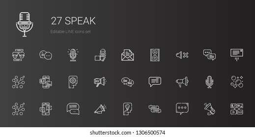 speak icons set. Collection of speak with chat, thinking, loudspeaker, bubbles, megaphone, message, mute, speaker, bubble, microphone. Editable and scalable speak icons.
