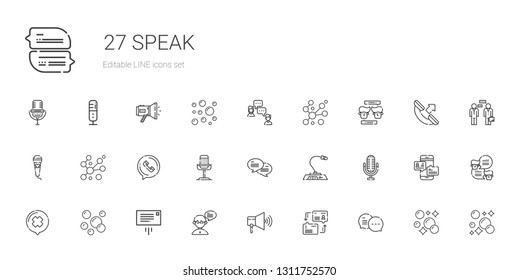 speak icons set. Collection of speak with chat, dialogue, speaker, message, bubbles, microphone, phone call, conversation, megaphone. Editable and scalable speak icons.