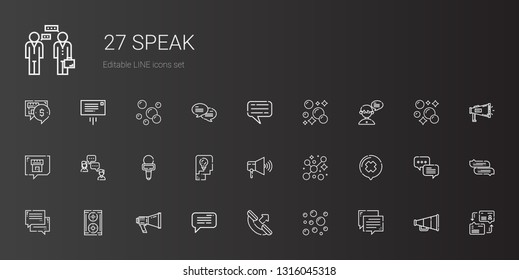 speak icons set. Collection of speak with chat, bubbles, phone call, message, megaphone, speaker, thinking, microphone, dialogue, conversation. Editable and scalable speak icons.
