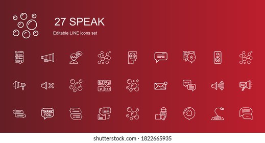 Sprachsymbole setzen. Sammlung von Sprechen mit Chat, Mikrofon, Blasen, Dialog, Sprechblase, Nachricht, Blase, Mute, Megaphon, Denken, Redner. Bearbeitbare und skalierbare Sprachsymbole.