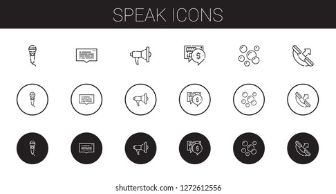 speak icons set. Collection of speak with microphone, speech bubble, megaphone, chat, bubbles, phone call. Editable and scalable speak icons.