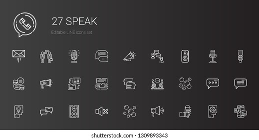 speak icons set. Collection of speak with microphone, speaker, bubbles, mute, conversation, thinking, discussion, chat, phone call, dialogue. Editable and scalable speak icons.