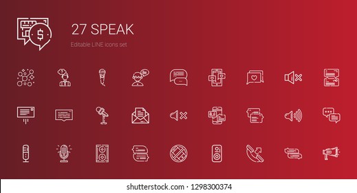 speak icons set. Collection of speak with phone call, speaker, silent, chat, microphone, mute, message, speech bubble, megaphone, thinking. Editable and scalable speak icons.