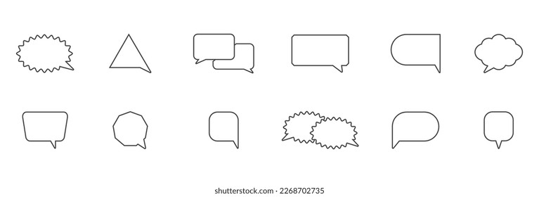 Speak line art text box. Speech bubble icons set. Dialog balloon. Talk chat cloud. Round graphic sticker. Think label. Communication empty banner. Message circle tag. Price sign. Vector illustration.