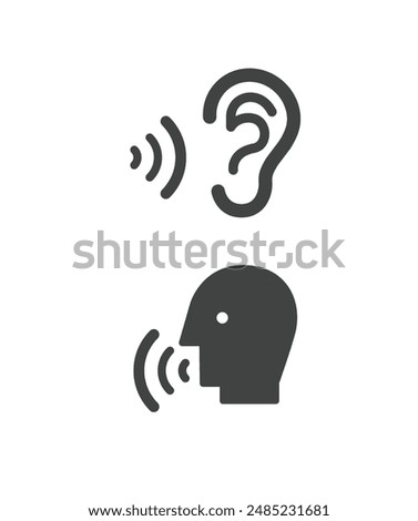 Speak and listen symbol isolated on white background. Listener, rumor, icon vector. Black head icon of man speaks in ear.