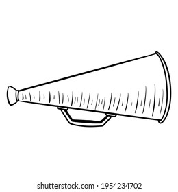 Habla alto. Un dispositivo para aumentar el volumen. Megáfono. Estilo de línea. Ilustraciones de diseño y decoración.