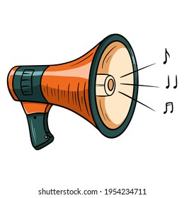 Habla alto. Un dispositivo para aumentar el volumen. Megáfono. Estilo de caricatura. Ilustraciones de diseño y decoración.