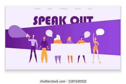 Speak Out, Break out. Meeting or demonstration page template. Colorful vector illustration of modern website page