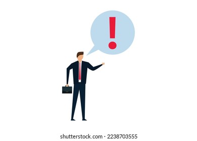 speak out loud to draw attention and interest, businessman speaking with speech bubble as exclamation point