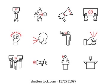 Speak Out Outline Icon Collection. Loud Opinion Vector Illustration. People Demonstration, Riot, Crisis Or Social Conflict. Propaganda Activist And Opposition Movement.