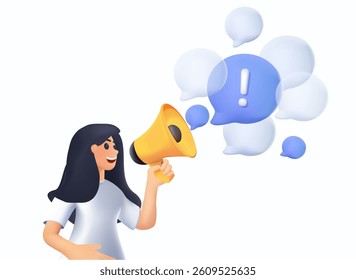 Speak out, voice or message to communicate, dialogue or debate conversation, talk or shout message, advice or announcement vector, businesswoman talk on megaphone with speech bubble voice message