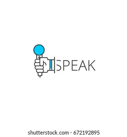 Speak Outline Logo Icon. Hand Holding Microphone Symbol. Vector Logotype Applicable For Show, Debate Or Forum, Discussion Or Interview, Media, Karaoke Or Radio.