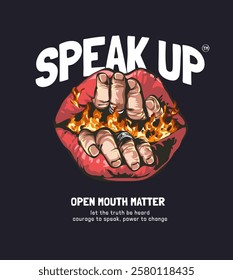 speak up slogan with hand open up fire mouth vector illustration on black background