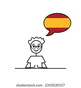 speak spanish, cartoon boy with speech bubble in flag of Spain colors, male character learning castilian language vector illustration, espanol black line sketch