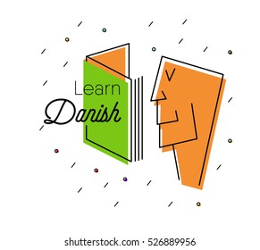 Speak, study, learn Danish. Human face looking into a book. new language learning concept. vector illustration. eps 10