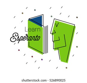Speak, study, learn Esperanto. Human face looking into a book. new language learning concept. vector illustration. eps 10