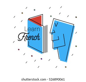 Speak, study, learn French. Human face looking into a book. new language learning concept. vector illustration. eps 10