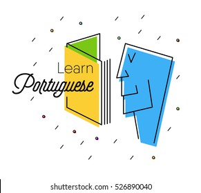 Speak, study, learn Portuguese. Human face looking into a book. new language learning concept. vector illustration. eps 10