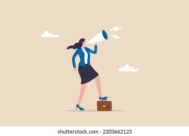 Speak up, communicate with confidence, telling the truth or presentation skill, storytelling, speaker, presentation or shout out concept, confidence businesswoman leader speak out loud on megaphone.