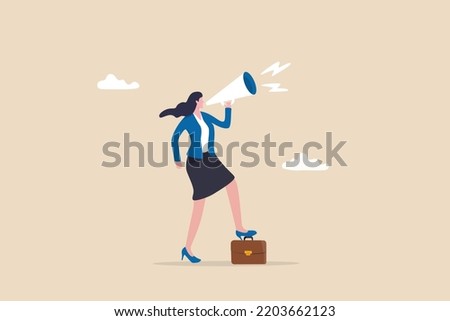 Speak up, communicate with confidence, telling the truth or presentation skill, storytelling, speaker, presentation or shout out concept, confidence businesswoman leader speak out loud on megaphone.