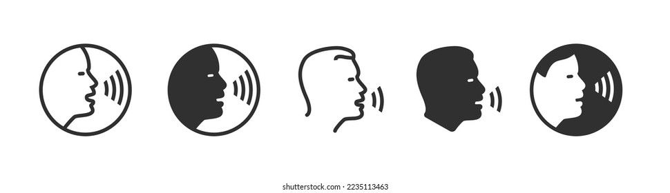 Speak voice control recognition command icon pictogram vector black white, man person talk face silhouette shape logo simple graphic, listen audio dictate symbol ui design thin line art clipart image
