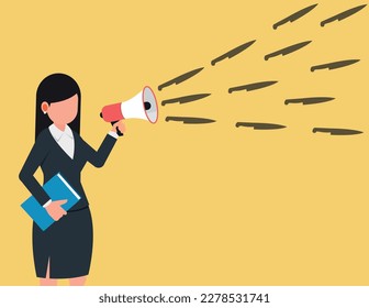 Speak without thinking and slander.  Business woman holding a megaphone standing and shouting