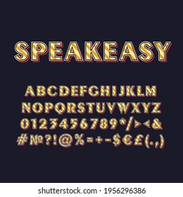 Speakeasy Vintage 3D Vektoralphabet Set. Retro fette Schriftart, Schriftart. Pop Art stilisierte Schrift. Briefe, Zahlen, Symbole im Stil der alten Schule. Designvorlage für 90er, 80er-Jahre