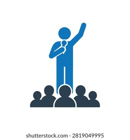 Speaker addressing crowd from stage with microphone icon