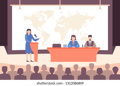 Speaker ang people group at conference in holl. Business meeting and education concept. Vector illustration flat style.