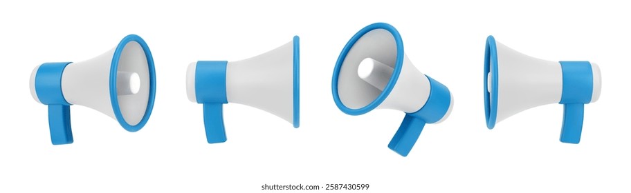 Speaker with announcements and advertisement, isolated 3d icons of megaphones horns from different sides. Vector cone shaped handheld device to amplify user voice. Marketing and promotion