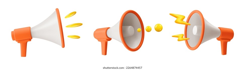 Speaker with announcements and advertisement, isolated icons of megaphones horns from different sides. Marketing and promotion horn. 3d style vector illustration