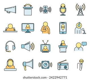 Speaker announcer icons set. Outline set of speaker announcer vector icons thin line color flat on white