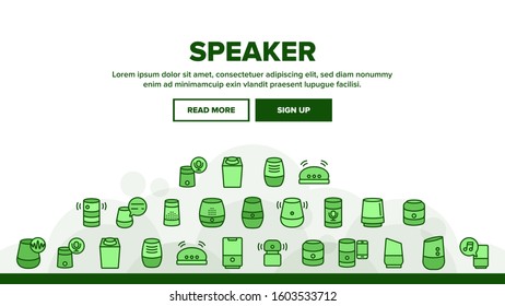Speaker Assistant Landing Web Page Header Banner Template Vector. Voice Speaker Assistance, Smartphone Connection, Play Music And Discussing Illustration