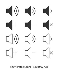 Speaker audio icon collection. Volume voice control on off mute symbol set. Flat application interface sound sign button. Vector illustration image. Isolated on white background.