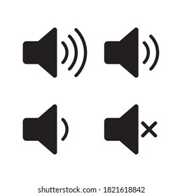 Speaker Audio Icon Set. Volume Voice Control On Off Mute Symbol. Flat Application Interface Sound Sign Button. Vector Illustration Image. Isolated On White Background.