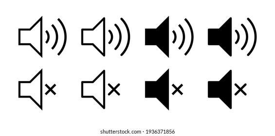 Speaker audio icon set. Volume voice control on off mute symbol. Flat application interface sound sign button. Vector illustration image. Isolated on white background.