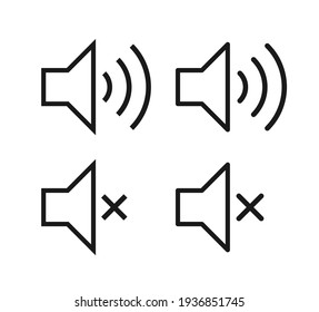 Juego de iconos de audio del altavoz. Control de voz por volumen activado fuera de símbolo silencioso. Botón de señal de sonido de interfaz de aplicación plana. Imagen de la ilustración del vector. Aislado sobre fondo blanco.