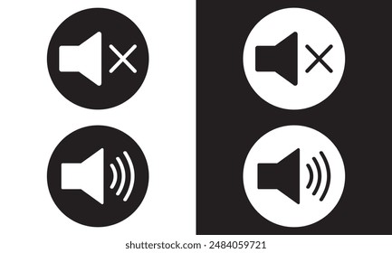 Conjunto de iconos de audio del altavoz. Símbolo de silencio de activación y desactivación del control de voz del volumen. Botón de señal de sonido de interfaz de aplicación plana. Ilustración vectorial Imagen. Aislado sobre fondo blanco y negro. EPS 10