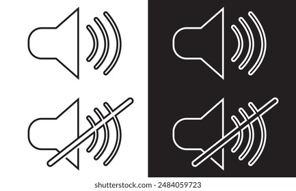 Speaker audio icon set. Volume voice control on off mute symbol. Flat application interface sound sign button. Vector illustration image. Isolated on white and black background. EPS 10