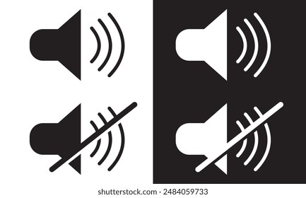 Speaker audio icon set. Volume voice control on off mute symbol. Flat application interface sound sign button. Vector illustration image. Isolated on white and black background. EPS 10