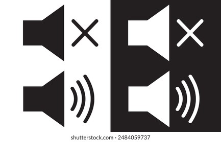 Lautsprecher-Audio-Symbolsatz. Lautstärkeregler an der Aus-Stummschaltung. Flaches Anwendungsschnittstellen-Soundzeichen-Button. Vektorillustration Bild. Isoliert auf weißem und schwarzem Hintergrund. EPS 10