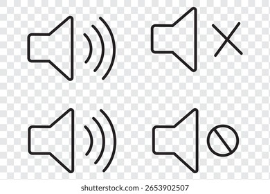 Conjunto de ícones de áudio do alto-falante. Símbolo de controle de voz por volume ativado e sem som. Botão de sinal sonoro da interface plana do aplicativo. Imagem de ilustração vetorial. Isolado no fundo branco. EPS 10