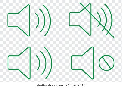 Conjunto de ícones de áudio do alto-falante. Símbolo de controle de voz por volume ativado e sem som. Botão de sinal sonoro da interface plana do aplicativo. Imagem de ilustração vetorial. Isolado no fundo branco. EPS 10
