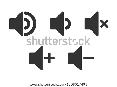 Speaker audio icon set. Volume voice control on off mute symbol. Flat application interface sound sign button. Vector illustration image. Isolated on white background.