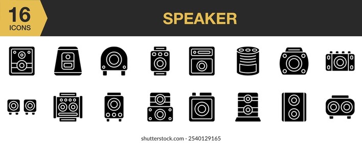 Altavoz Conjunto de iconos sólidos de audio. Incluye volumen, altavoz, sonido, medios, música, multimedia y más. Colección de Vector de iconos sólidos.