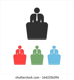 The speaker is behind the podium. The speaker reports to the public. Presentation and presentation to the audience. Rhetoric. Speaker, lecturer, business seminar. Vector. Badge.