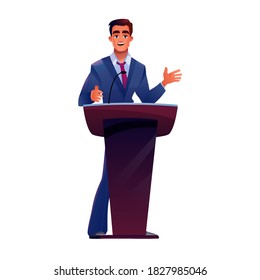 Speaker behind podium speaks into microphone vector cartoon isolate. President or politician giving speech at tribune with mic, leader presenter at conference, ceremony, presentation or debates