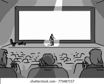 Speaker in the big hall in front of the audience. Black and white vector sketch. Simple drawing.